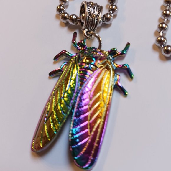 Handcrafted Rainbow Cicada Charm Necklace – Unisex 18" Ball Chain - Picture 8 of 10